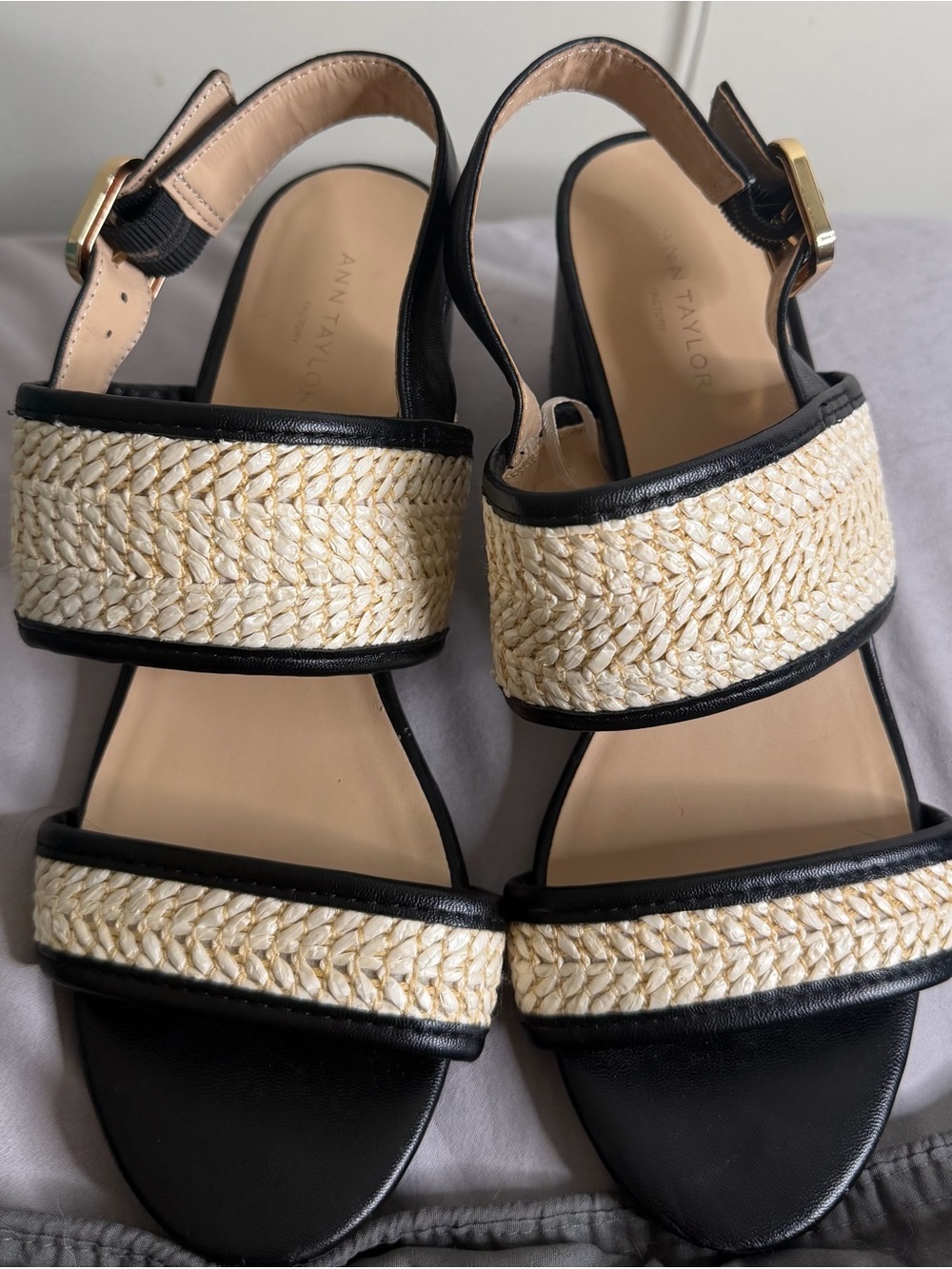 Ann Taylor Factory Black and Natural Braided Strap Platform Sandals